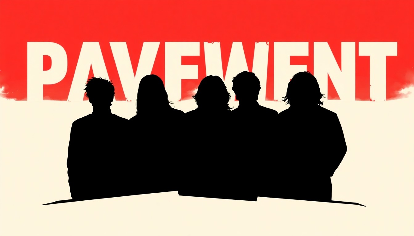 An abstract, minimalist illustration featuring sharp, angular black silhouettes of band members set against a striking red and white background, conveying the energy and creativity of the Pavement concert event.