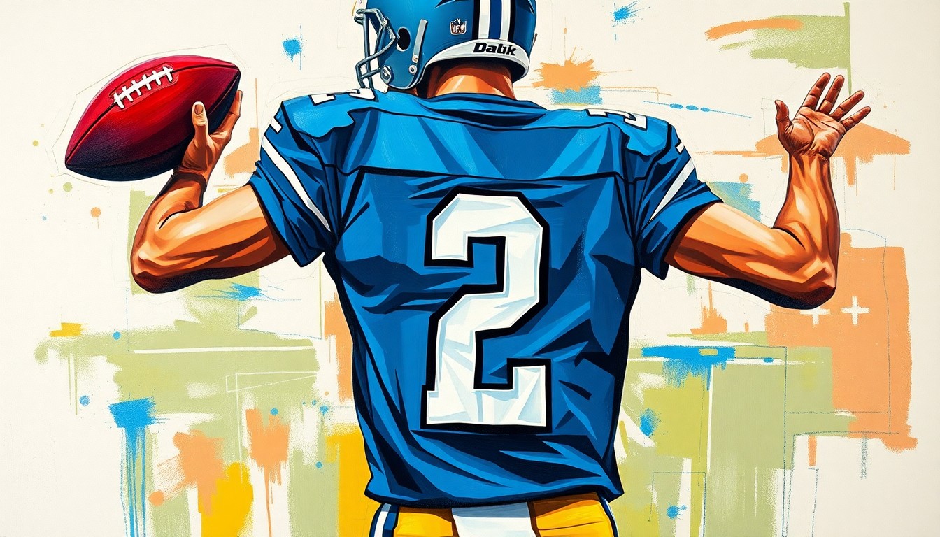 A cubist, geometric painting depicting a quarterback in a No. 2 jersey from multiple angles, with sharp, overlapping planes of color and form capturing the dynamism of the sport.