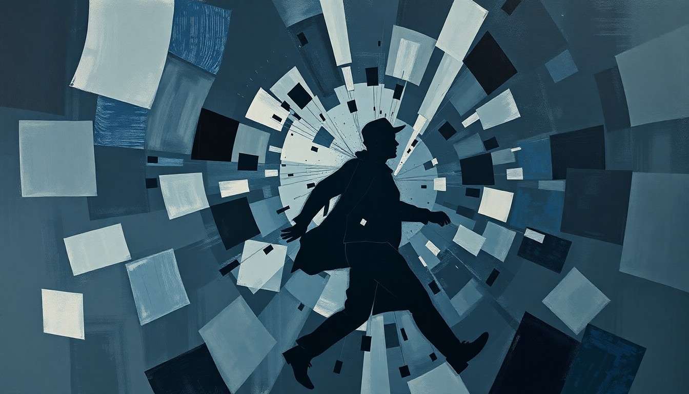 A dynamic, fragmented painting depicting a shadowy figure in motion, conveying the disruption and upheaval surrounding immigration enforcement.