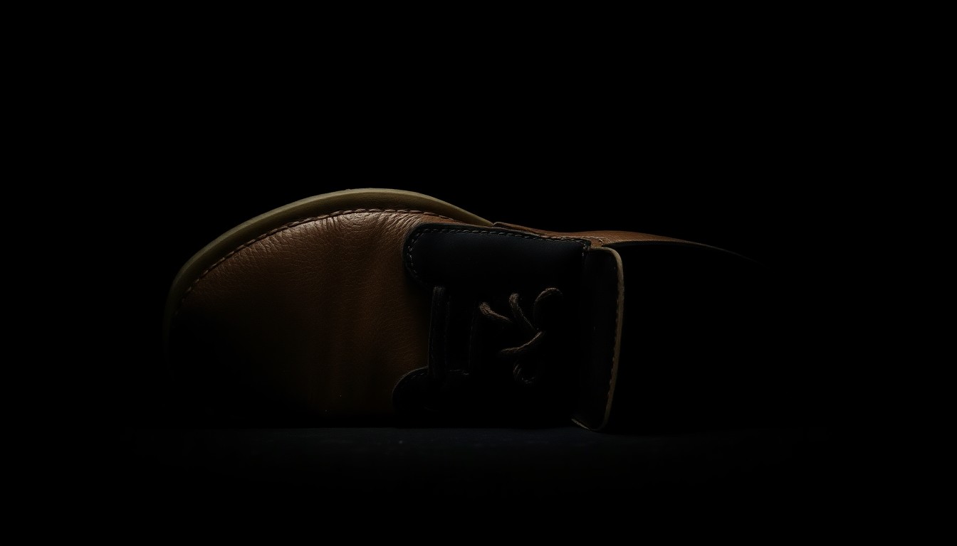 An extreme close-up photograph of a worn leather boot sole, lit by a harsh, direct camera flash against a pitch-black background, conceptually representing the search for clues in a missing persons case.