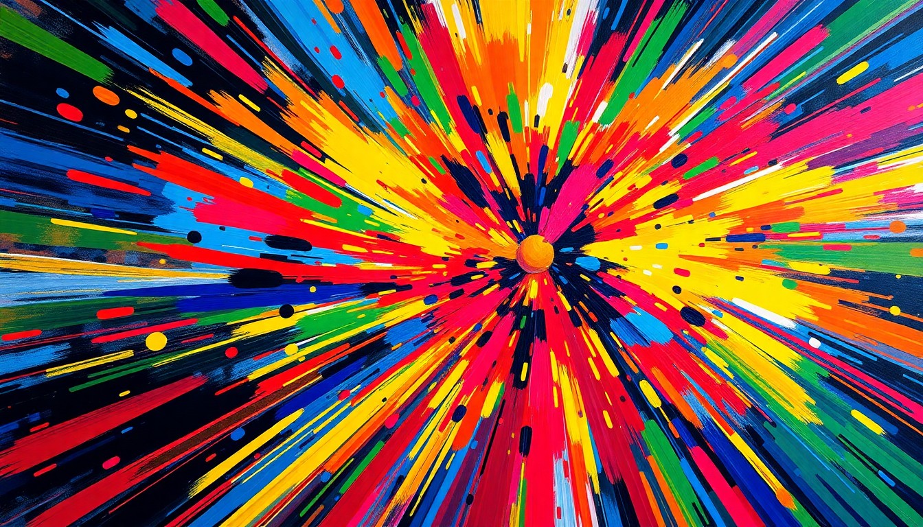 An abstract, energetic painting with bold, neon-colored brushstrokes representing the excitement and potential of sports betting and prediction markets.
