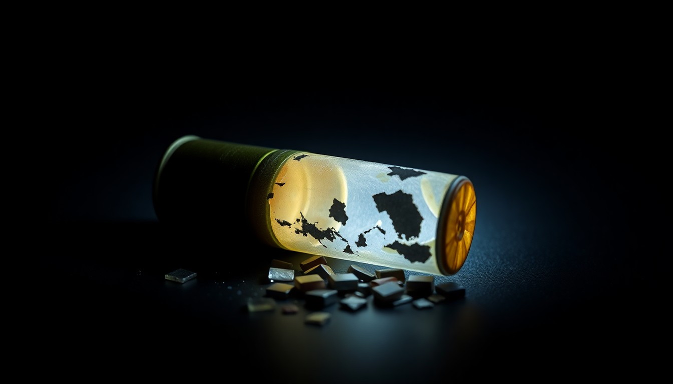 An extreme close-up photograph of a shattered shotgun shell casing lying on a dark surface, the harsh lighting and stark contrast creating a gritty, investigative aesthetic that conceptually represents the violence of this crime.