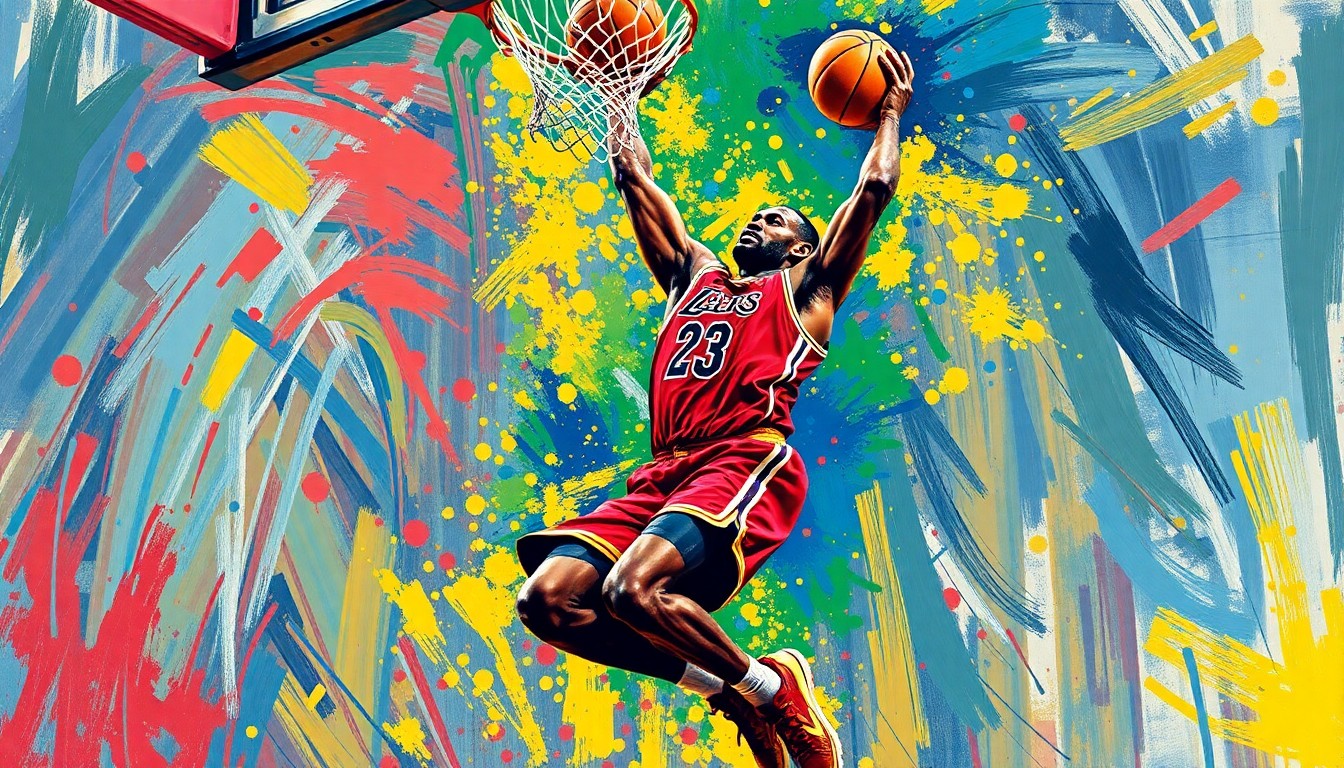 An abstract, expressionist painting in neon colors capturing the explosive energy and movement of LeBron James soaring for an alley-oop dunk, his form and jersey dissolving into vibrant brushstrokes.