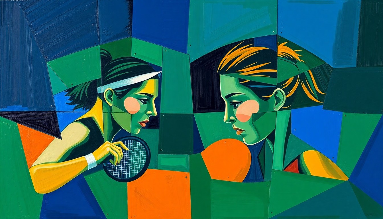 A fragmented, geometric painting depicting the dynamic movement and competitive energy of a tennis match between two players, with sharp planes of navy, green, and orange colors.