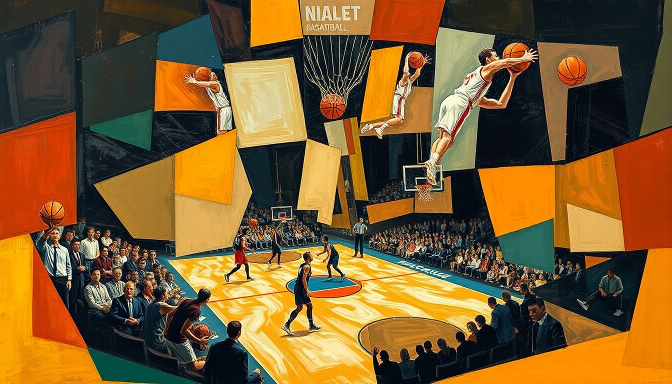 A cubist, geometric painting depicting a basketball game or match, with the players and court broken down into sharp, overlapping shapes and planes of color.