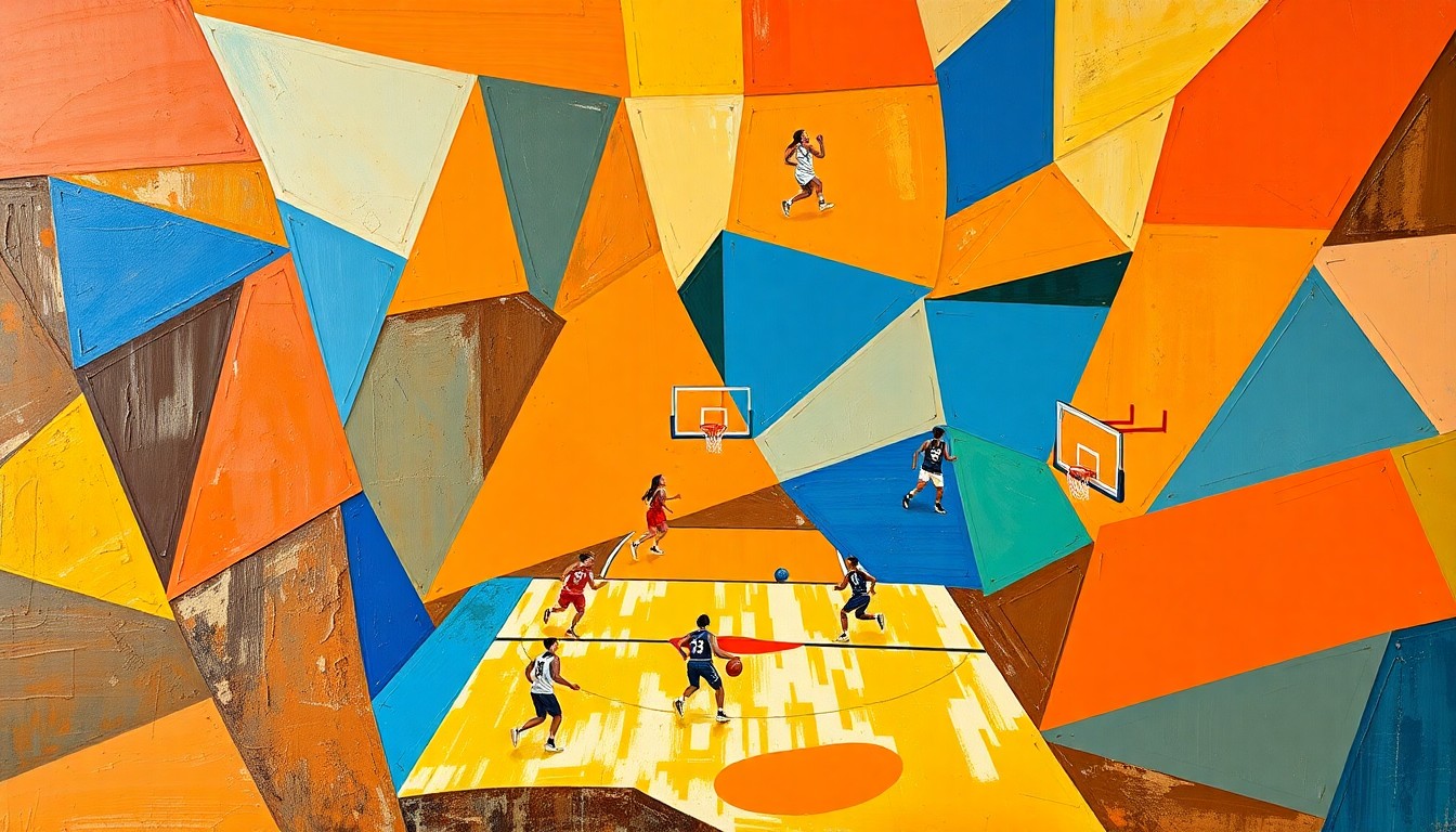 A fractured, geometric painting in vibrant oranges, blues, and desert tones, breaking down a women's basketball game into sharp, overlapping planes and abstract shapes.
