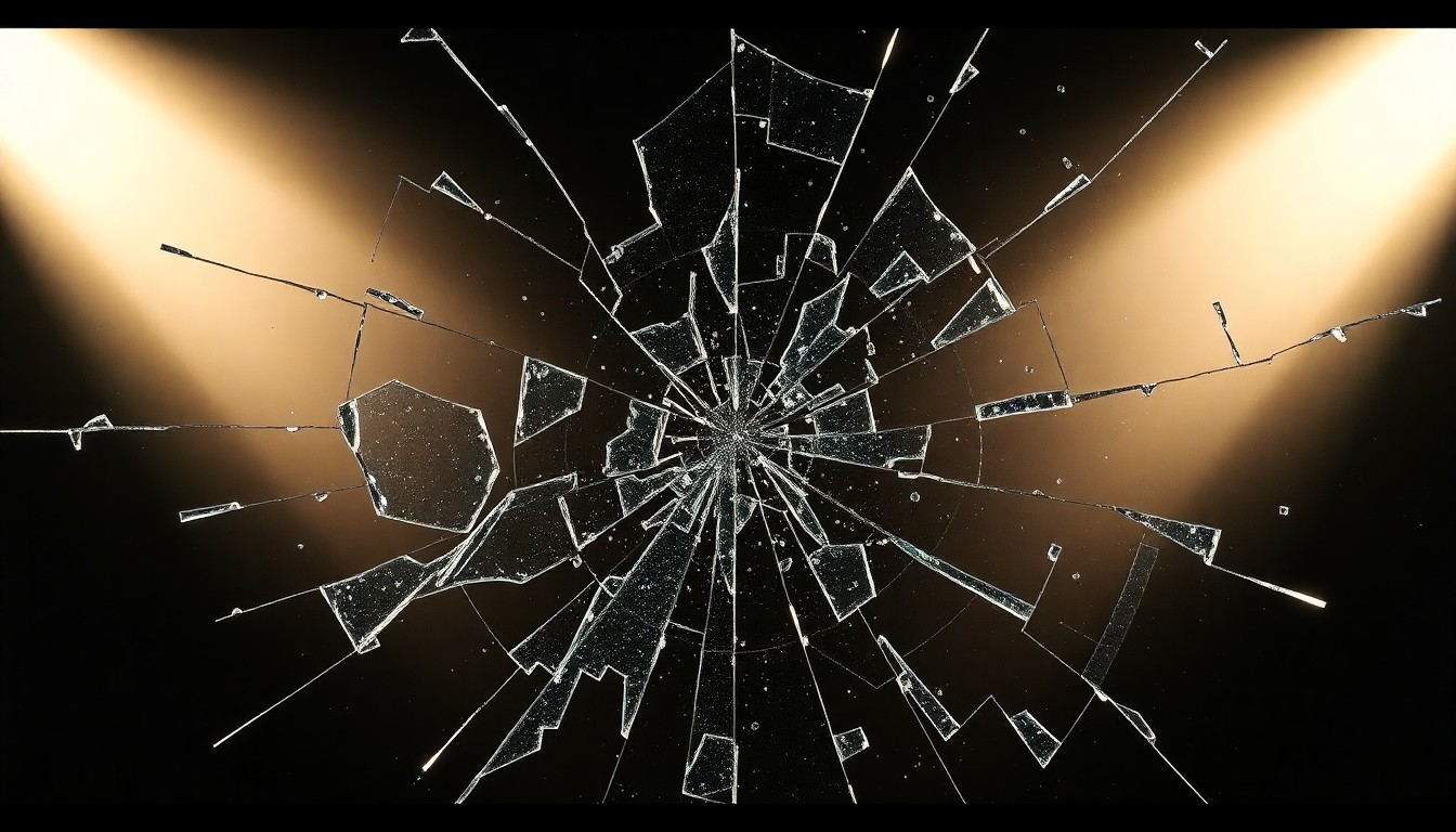 An extreme close-up of a shattered, glittering glass texture in high-contrast studio lighting, conceptually representing the duality and transformation of a character.