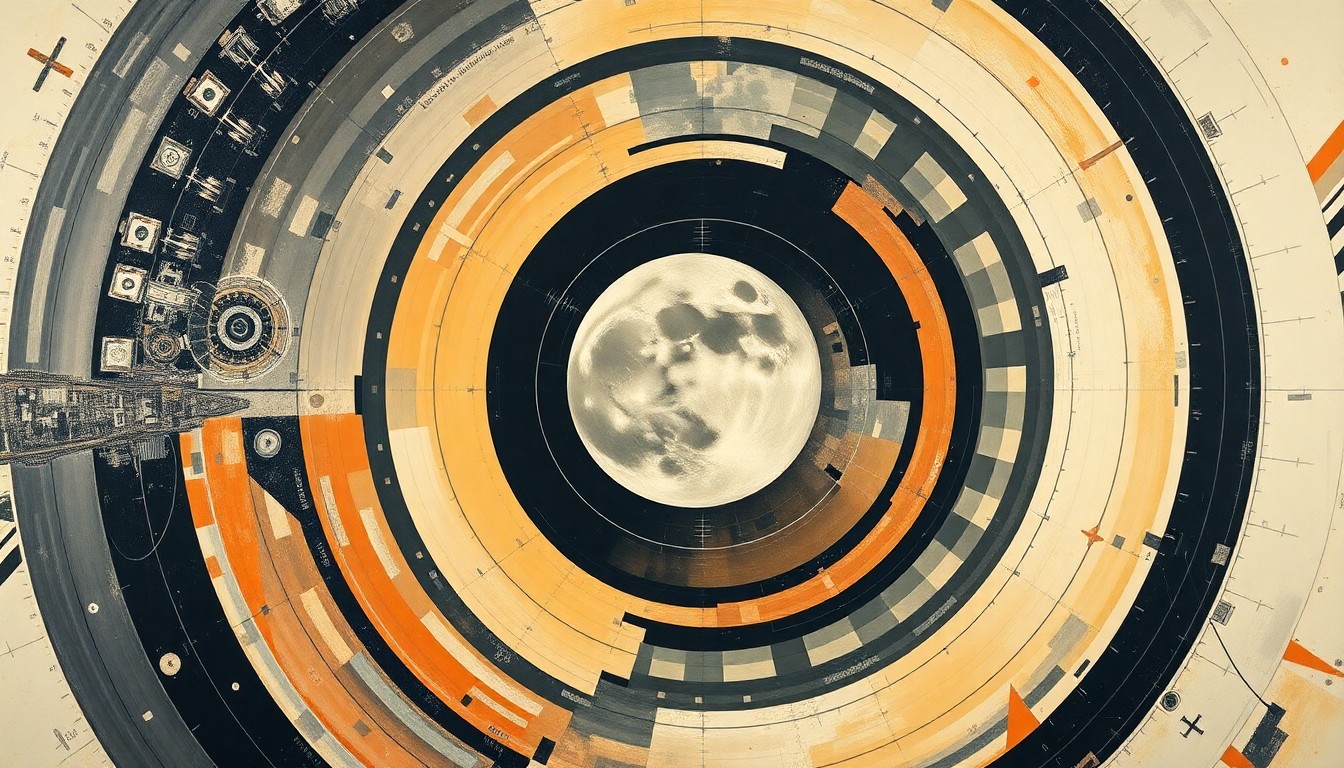 A highly structured abstract painting in soft, flat colors depicting sweeping geometric arcs, concentric circles, and precise mechanical spirals, conveying the technical complexity and engineering precision behind the Artemis II lunar mission.