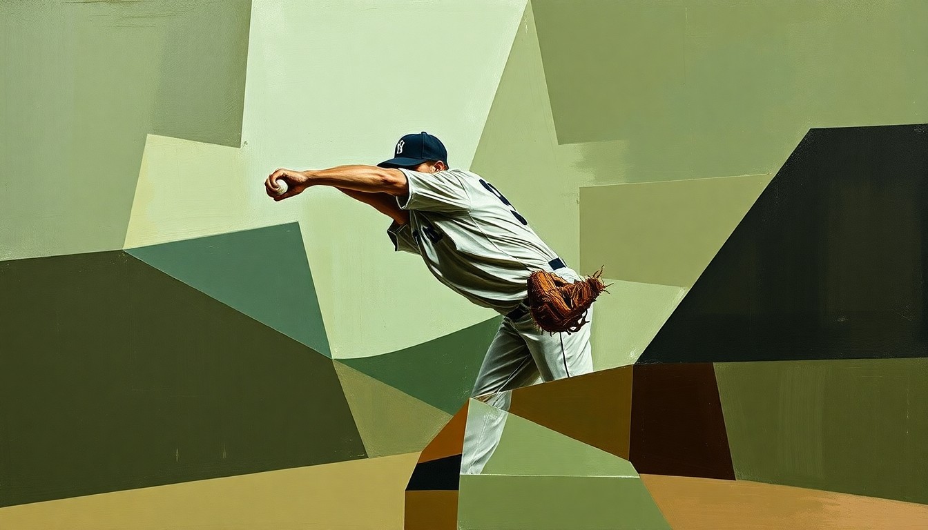 A fractured, geometric painting depicting a baseball pitcher's throwing motion, broken down into sharp, overlapping planes of muted earth tones, conveying the unpredictable nature of a professional sports career.