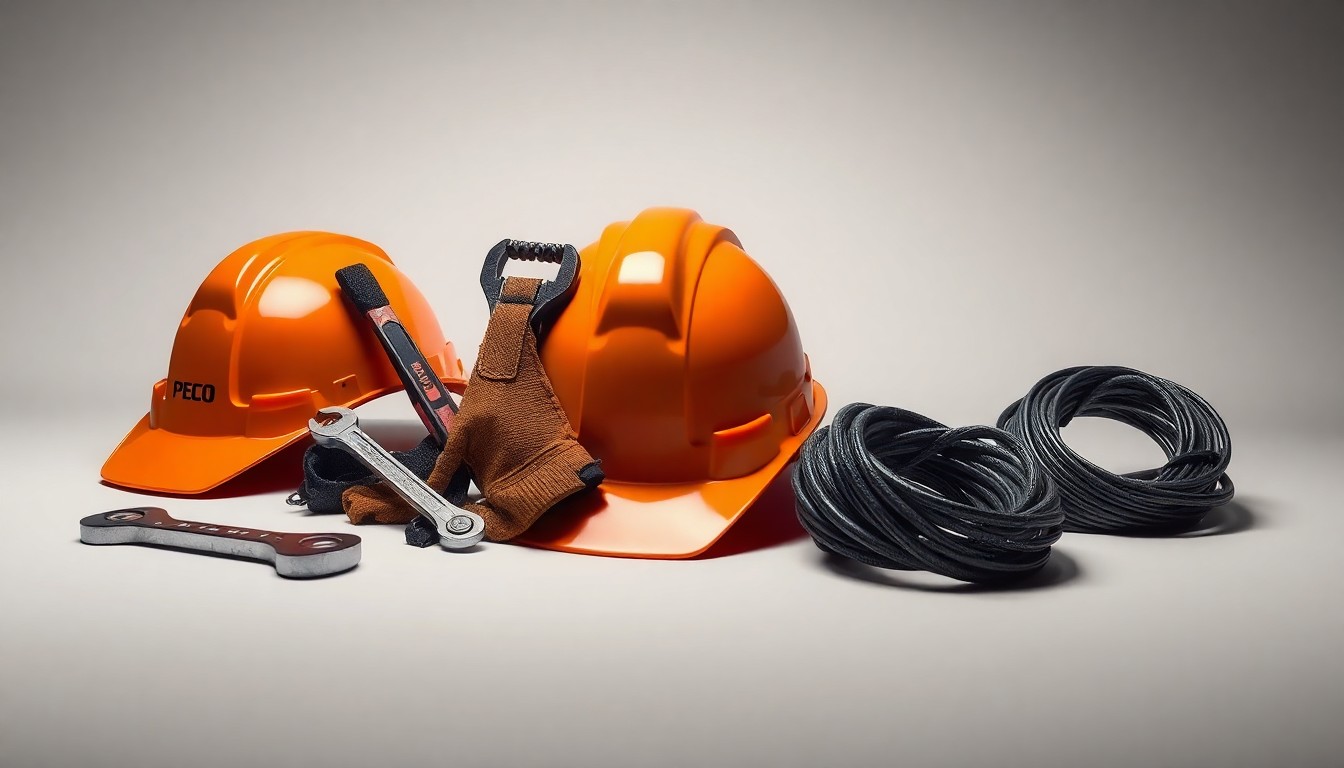 A minimalist studio still life photograph featuring a hardhat, safety gloves, a wrench, and a coil of electrical wire, arranged elegantly on a clean, monochromatic background to symbolize the skilled and hazardous work performed by PECO utility workers.