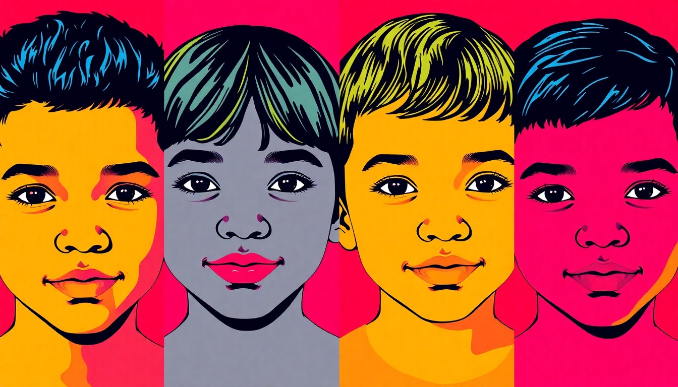 A brightly colored, high-contrast silkscreen print of four diverse children's faces repeated in a tight grid pattern, representing the main characters of the 'The Four' book series and their celebration of friendship and cultural understanding.