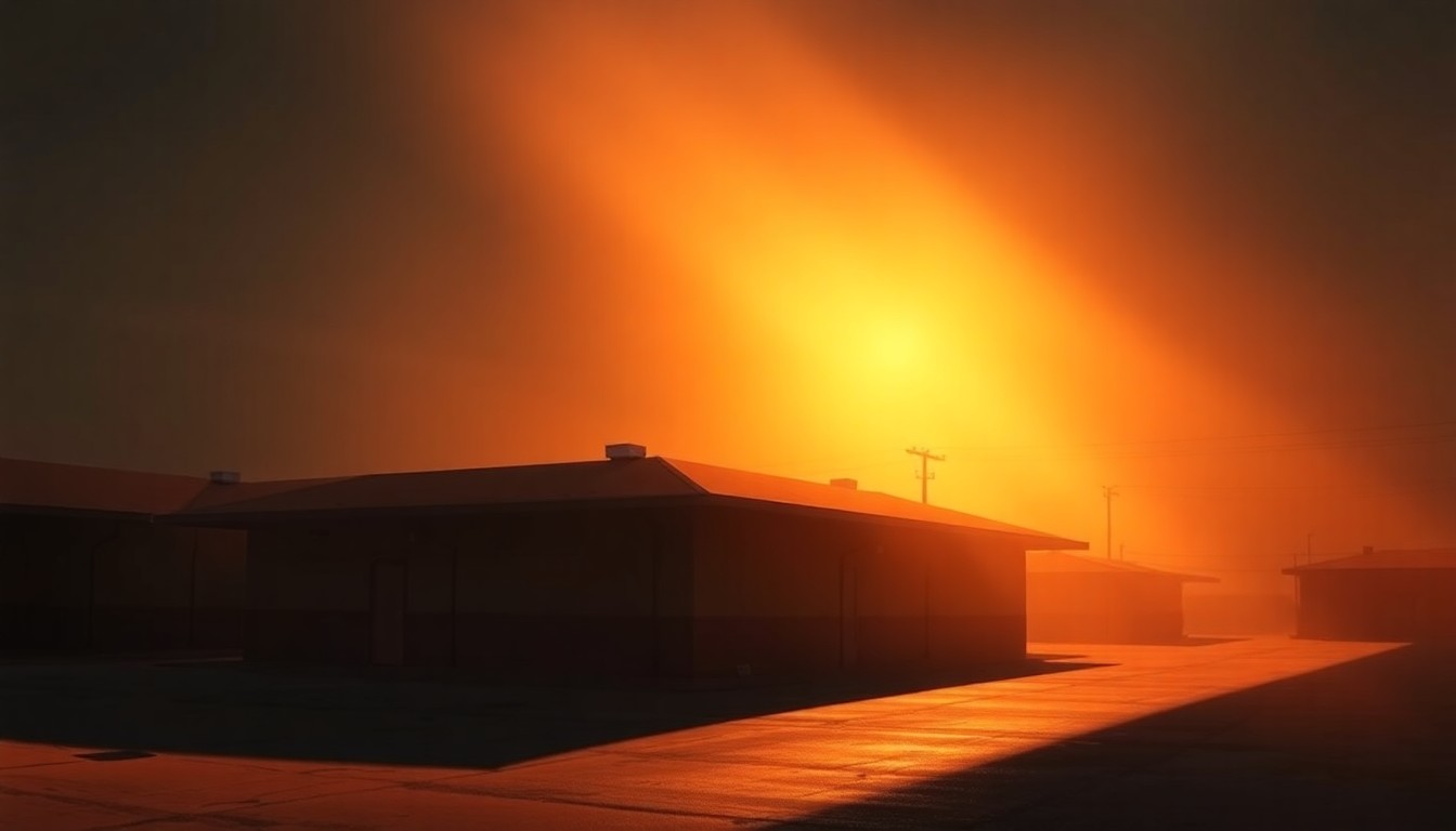 A photorealistic painting of a nondescript, two-story immigration detention center building set against a backdrop of warm, golden sunlight and long shadows, conveying a sense of solitude and melancholy.