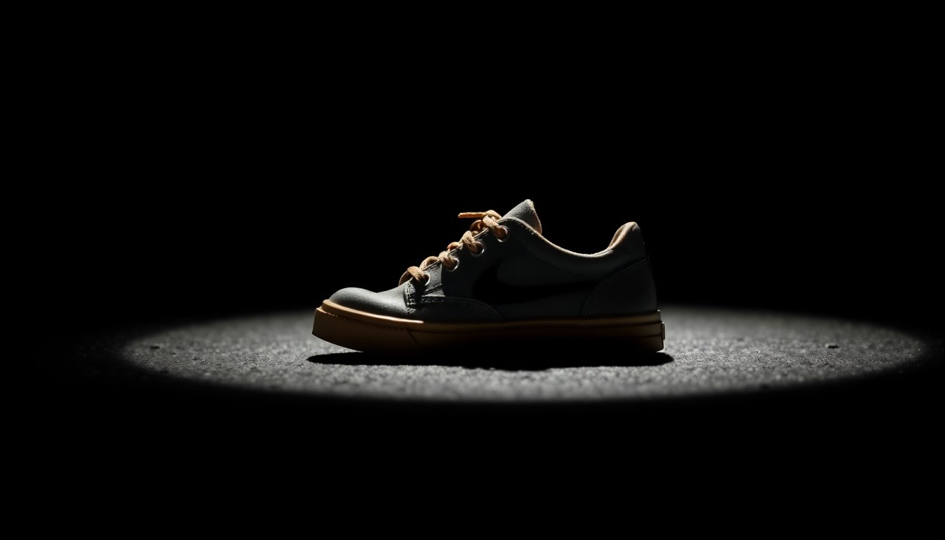 An extreme close-up photograph of a child's shoe, the material and texture captured in stark detail under harsh lighting, conveying a sense of the investigative process behind locating a missing person.