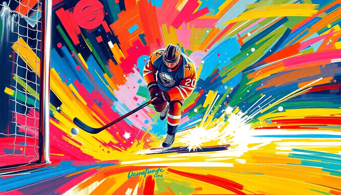 An abstract, energetic painting in bright neon colors with rapid brushstrokes, conceptually representing the excitement and emotion of a hockey player scoring a goal.