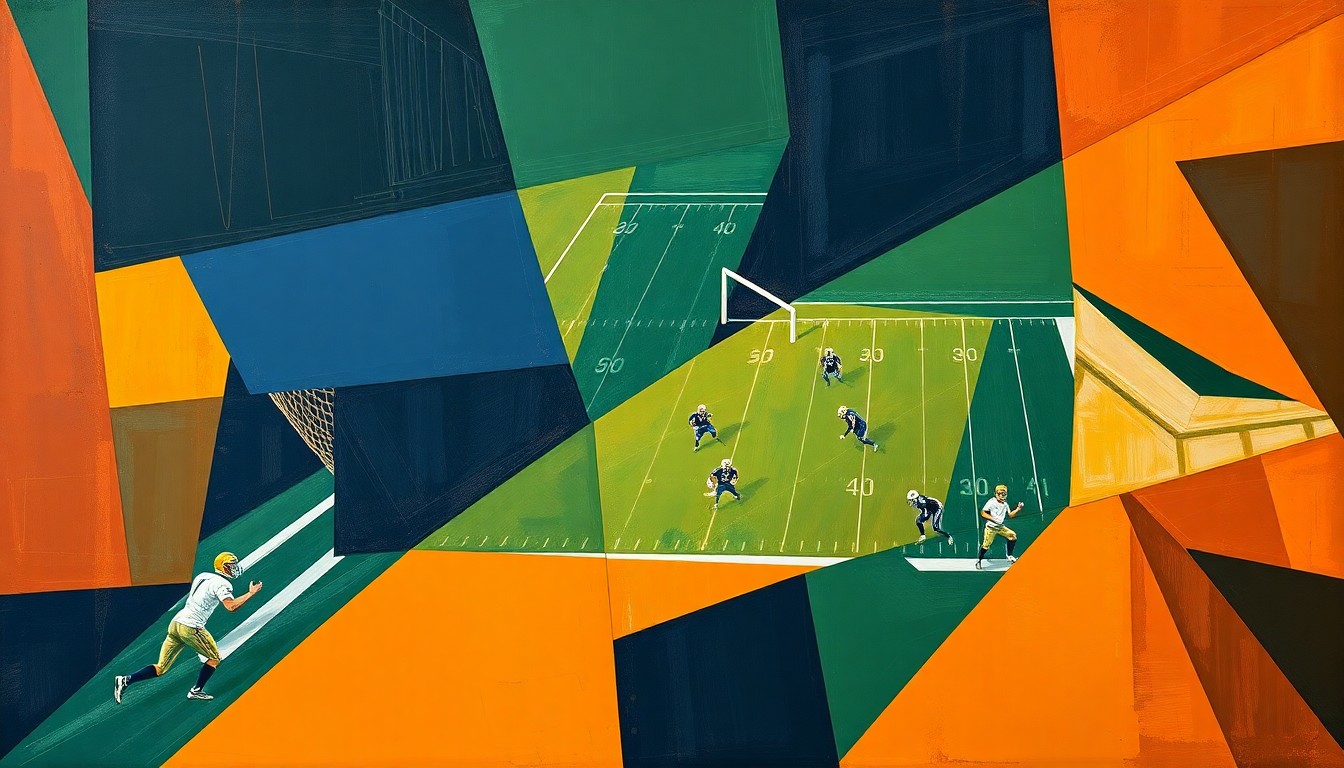 A cubist, geometric painting depicting fragmented, overlapping shapes and planes in navy, green, and orange, conceptually representing the strategic complexity of an NFL team's roster construction.