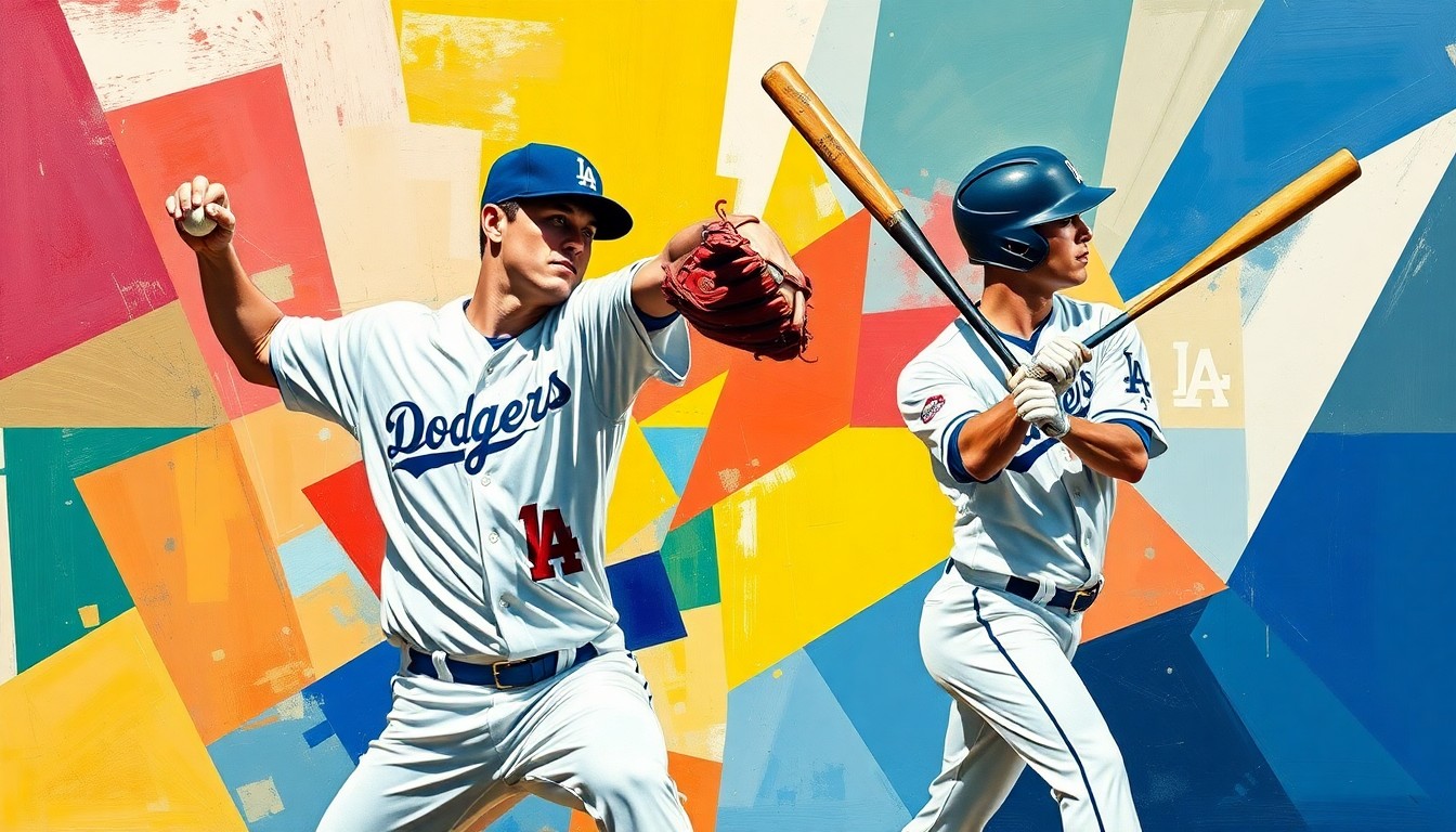A fragmented, geometric painting in the style of Pablo Picasso, capturing the dynamic motion and multiple perspectives of Shohei Ohtani as both a pitcher and batter. Bright, overlapping shapes in the colors of the Dodgers and Guardians uniforms convey the complexity of managing Ohtani's unique dual role.