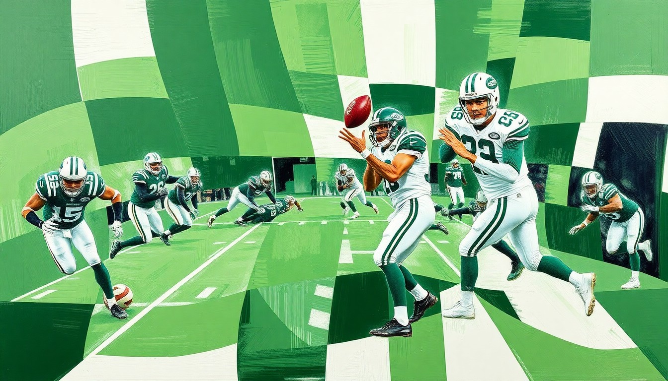 A cubist, geometric painting depicting a fragmented, multi-angled view of a quarterback dropping back to pass, with sharp planes of green and white representing the New York Jets' team colors.