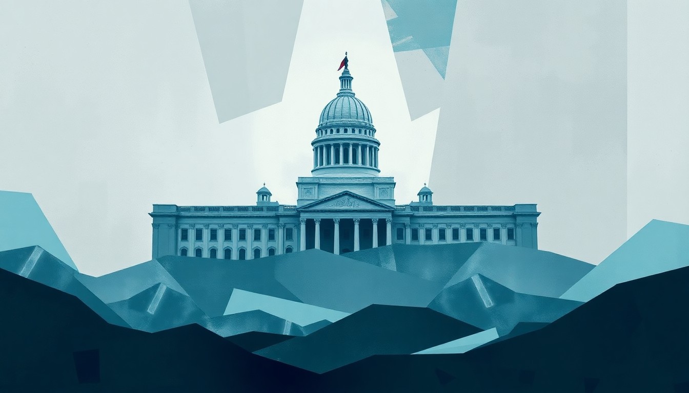 A heavily textured, fragmented painting in shades of grey and blue depicting the outline of a large government building, with overlapping geometric shapes and brushstrokes representing the chaotic and disruptive impact of the facility on the local community.