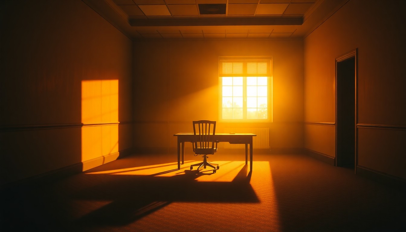 A dimly lit, cinematic government office with a single desk and chair, bathed in warm, golden light and deep shadows, conveying a sense of isolation and melancholy.