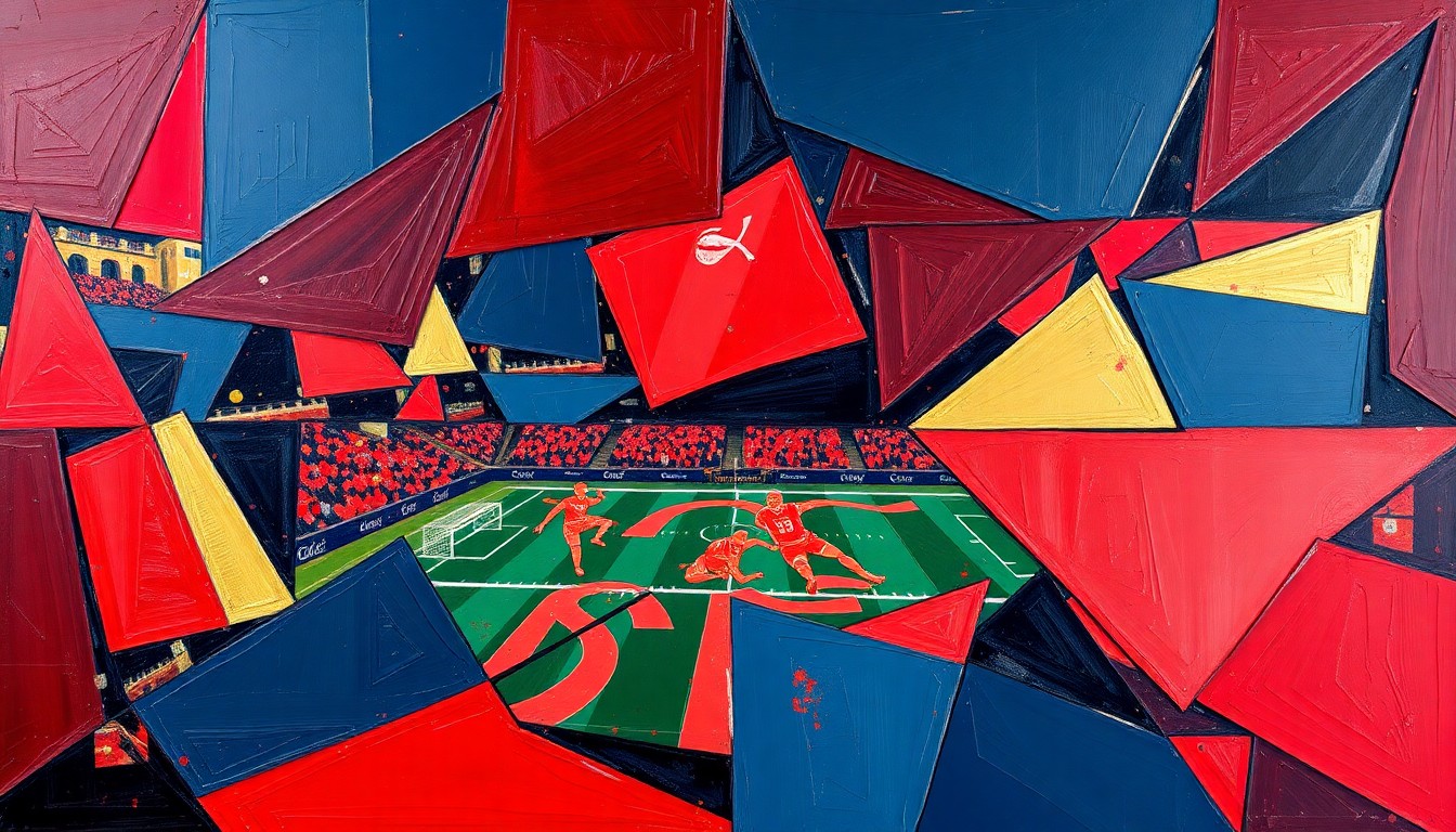 A cubist-style painting depicting fragmented, geometric shapes in shades of red, blue, and gold, representing the 49ers' efforts to rebuild their offense through strategic personnel moves.