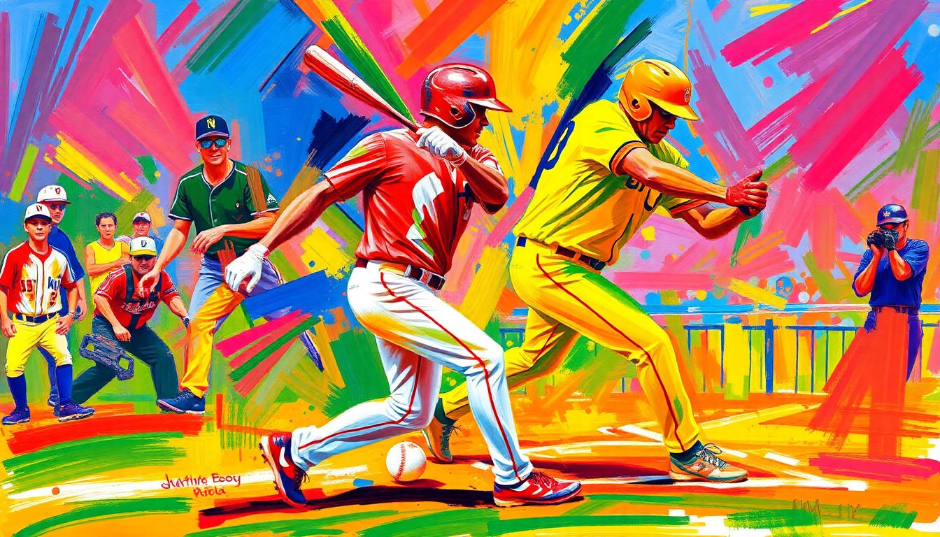 An abstract, expressionist painting in vibrant neon colors, with dynamic brushstrokes and fragmented, unrecognizable forms representing the energy and athleticism of a baseball game.