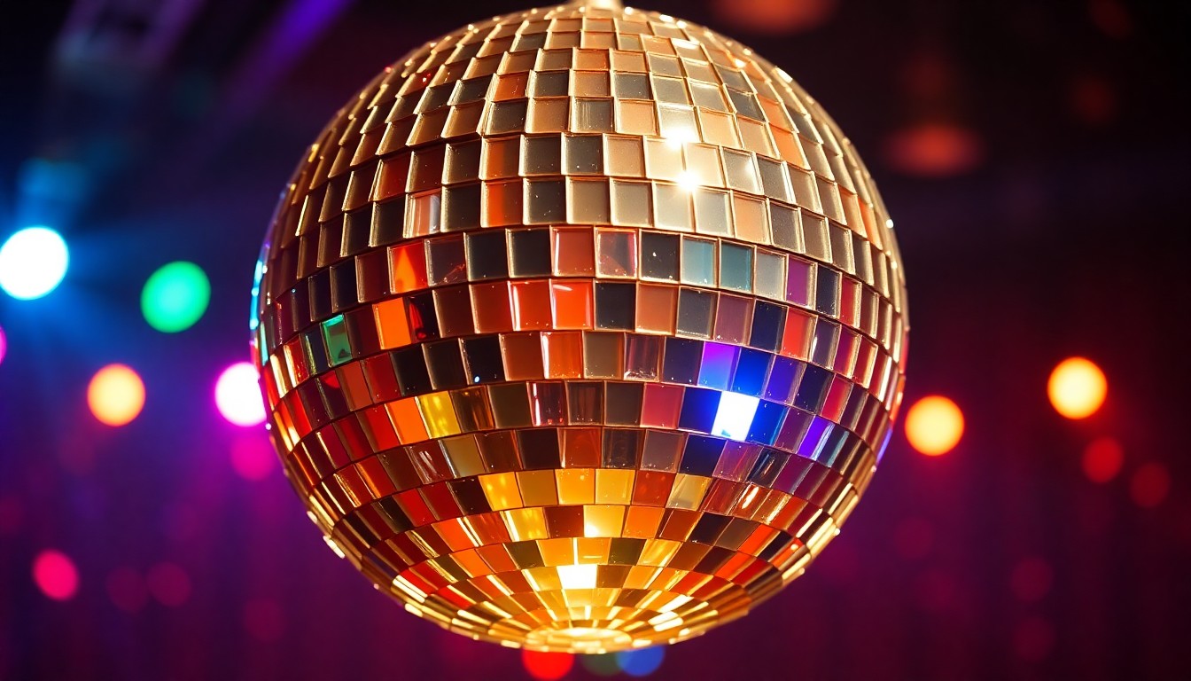 An abstract, close-up photograph of a shiny, glittering disco ball reflecting bright, multicolored lights, creating a visually stunning and glamorous representation of the high-energy atmosphere of a comedy show.