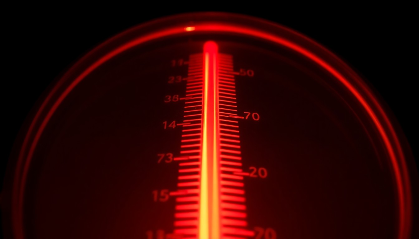 An extreme close-up photograph of a thermometer reading a high temperature, captured in a harsh, gritty style to convey the dangerous heat conditions in Texas prisons.