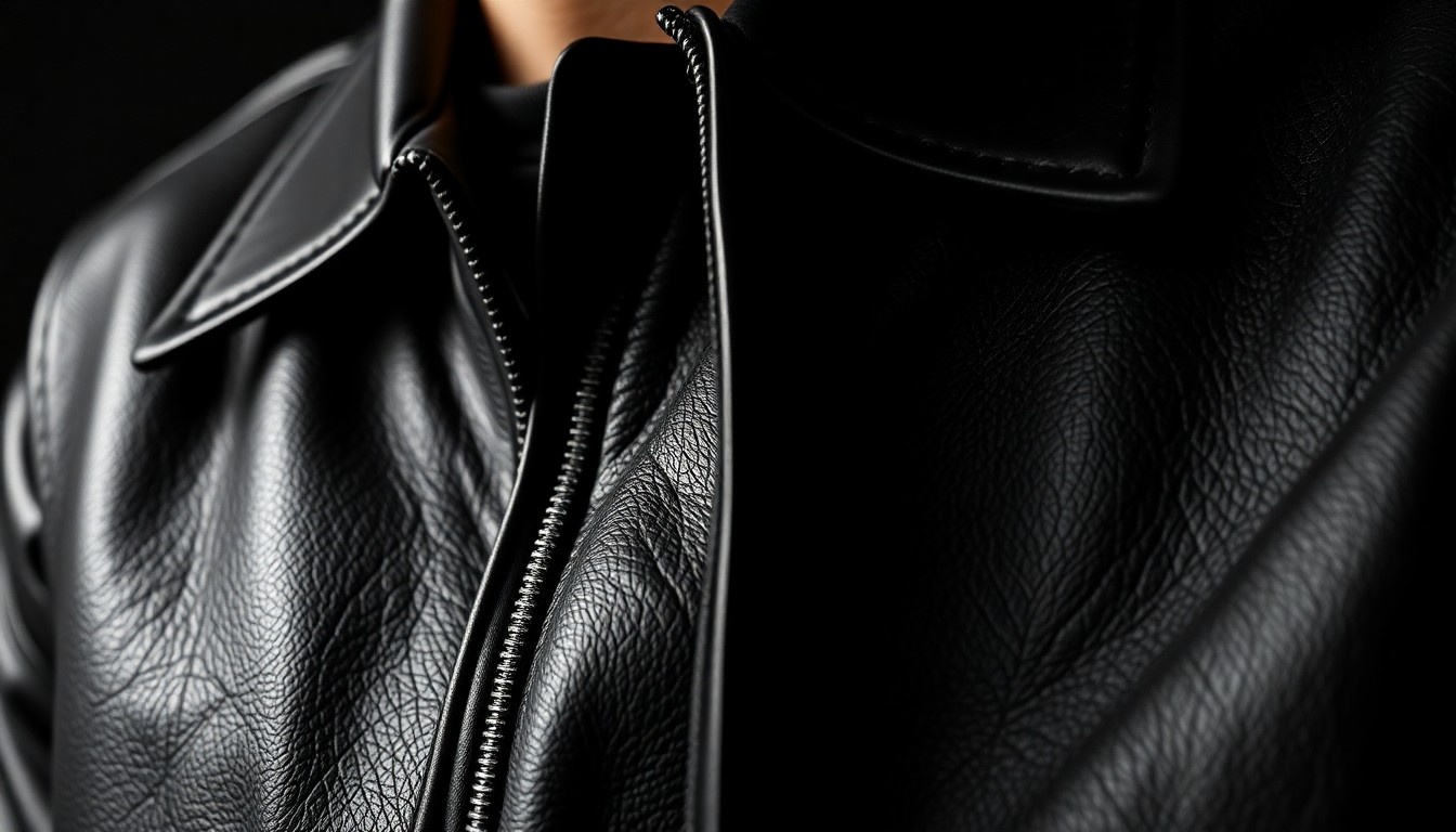 An extreme close-up photograph of a black leather jacket, the material's texture and sheen captured in dramatic high-contrast lighting, conceptually representing the enduring style and appeal of the former One Direction singer.