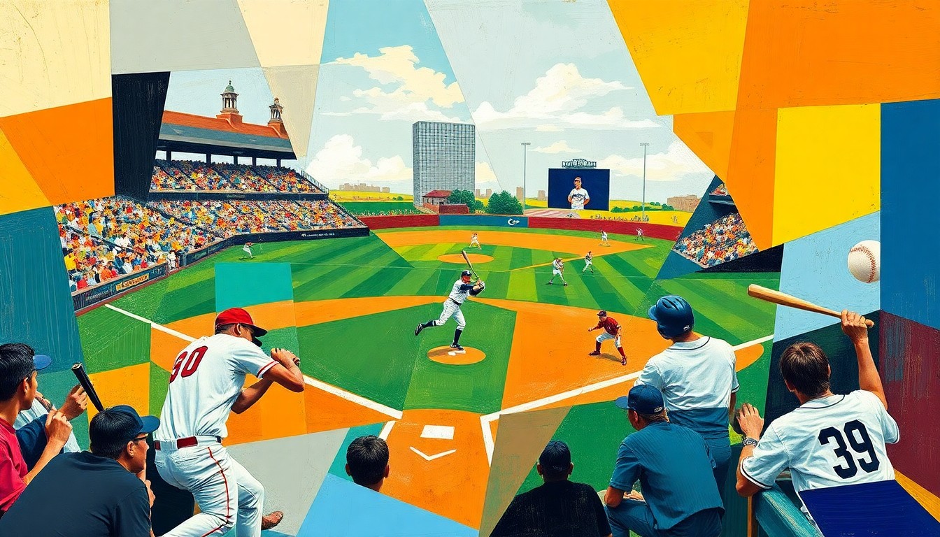 A fragmented, geometric painting depicting the dynamic action of a college baseball game, with players, bats, and balls rendered in an abstract, cubist style that captures the mental intensity of the sport.