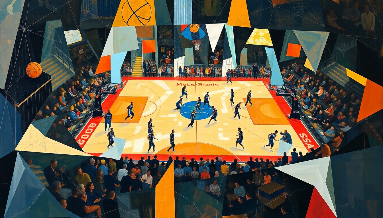 A cubist, geometric painting depicting a fragmented basketball game, with players and spectators reduced to overlapping shapes and planes of color, conveying the energy and tension of the community debate over the team's potential move.