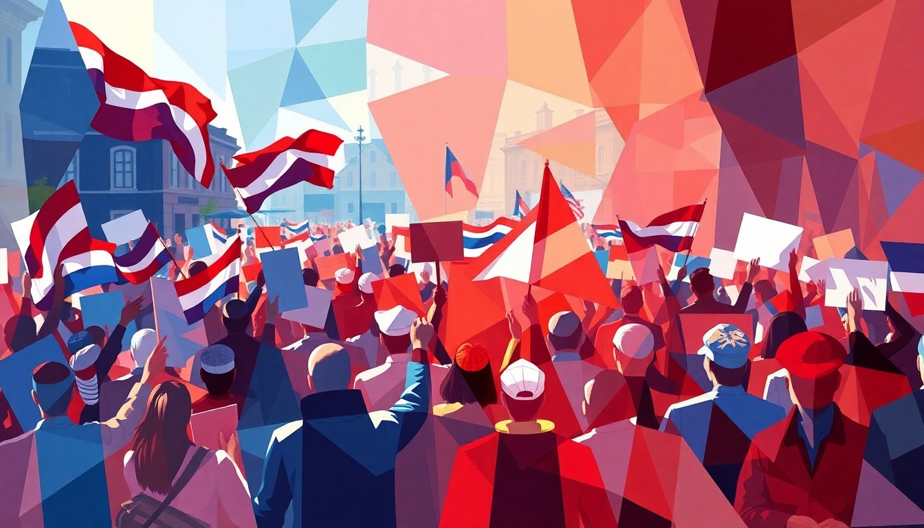 A dynamic, abstract painting featuring overlapping geometric shapes and brushstrokes in red, white, and blue, representing the energy and movement of a political protest in a town square.
