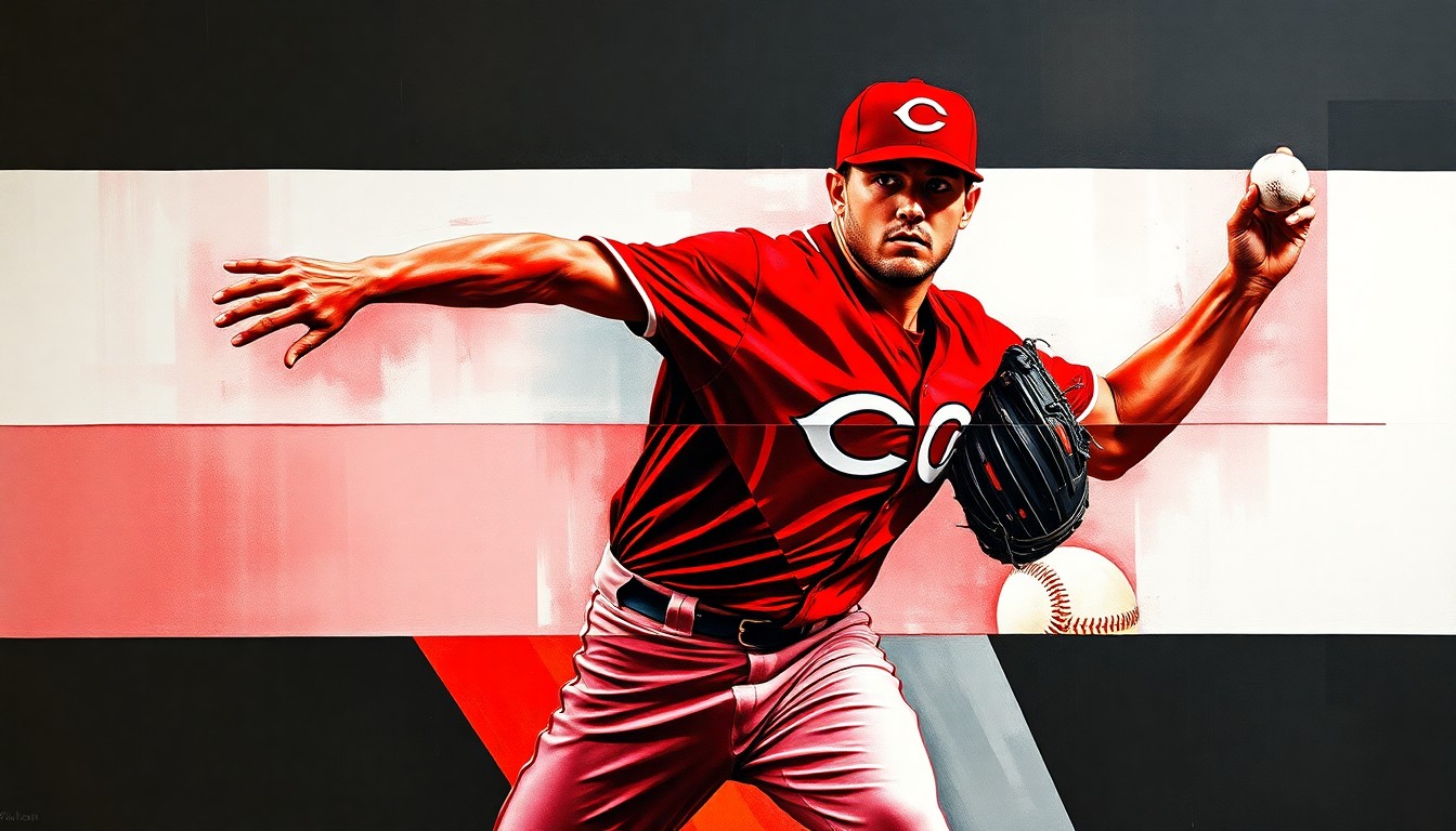 A fragmented, geometric painting depicting a baseball pitcher's throwing motion, with sharp planes of red and black representing the Cincinnati Reds' team colors.