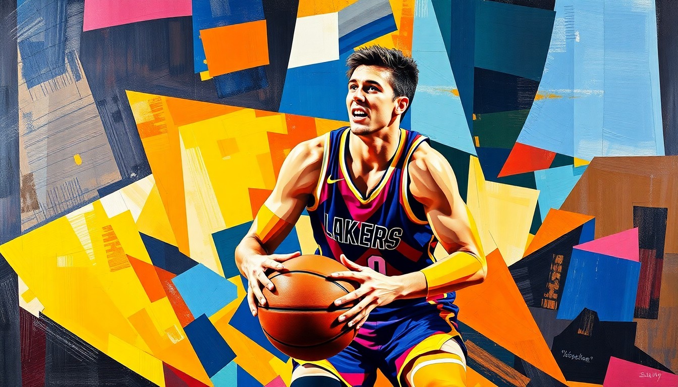 A fragmented, cubist-style painting depicting a basketball player in motion, with sharp geometric shapes and planes of color representing the dynamic action of the game. The colors used are the official team colors of the Los Angeles Lakers, capturing the energy and intensity of Doncic's play.