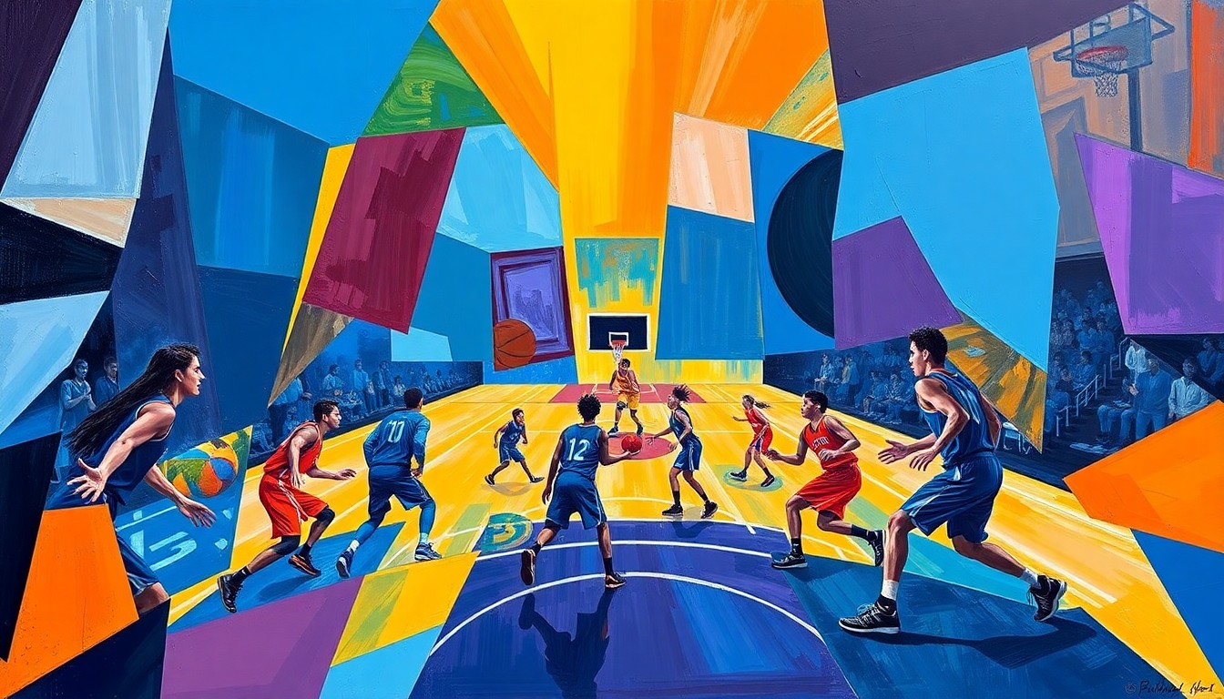 A fragmented, geometric painting in the style of Pablo Picasso, depicting the dynamic action of a high school basketball game through sharp, overlapping planes of color and form.