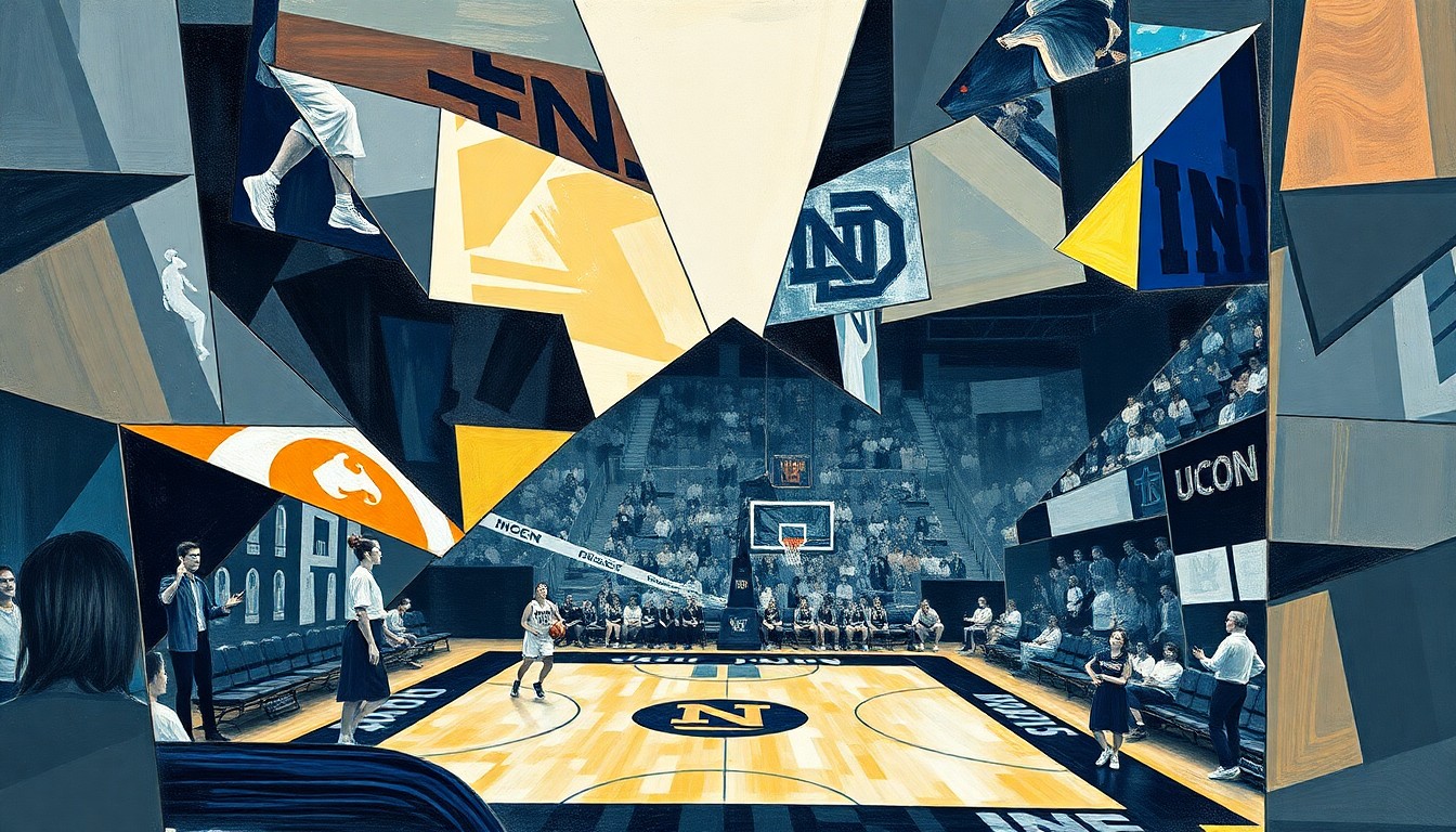 A cubist, geometric painting depicting overlapping and fragmented perspectives of a women's basketball game, with sharp planes of color and form representing the intense competition between the two teams.