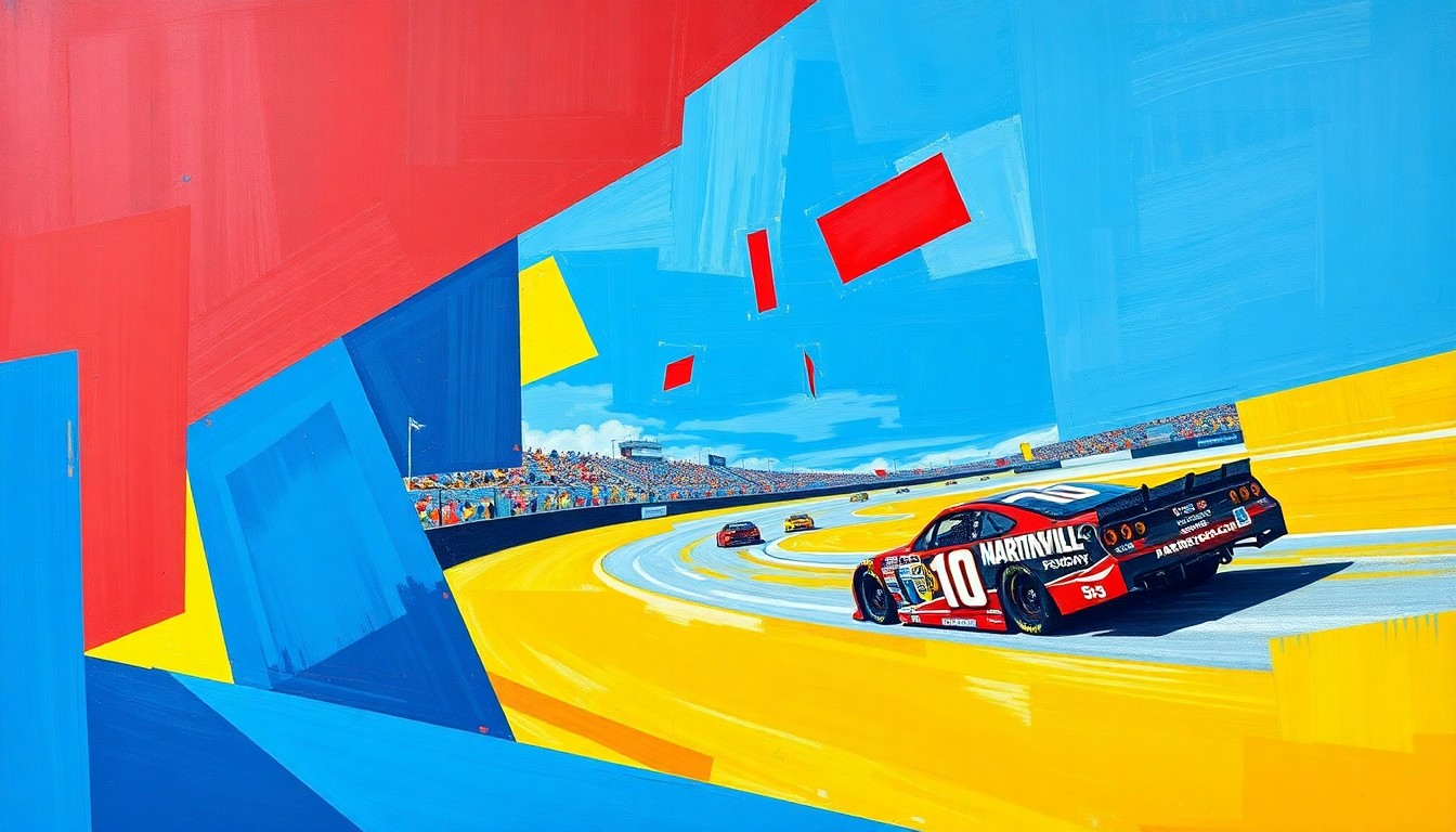 A cubist, geometric painting depicting a NASCAR race at Martinsville Speedway, with the cars and track broken down into sharp, overlapping planes of vibrant red, blue, and yellow colors.
