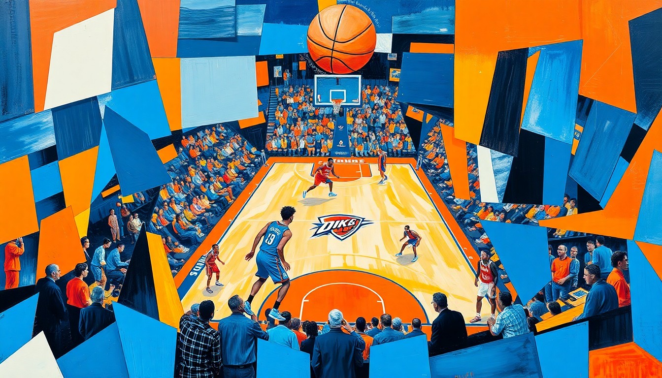 A fractured, cubist-style painting depicting a basketball game, with sharp geometric shapes and planes of blue, orange, and white colors representing the Oklahoma City Thunder's uniforms. The image conveys the fragmented and deconstructed nature of the team's offensive struggles with one of its key players.