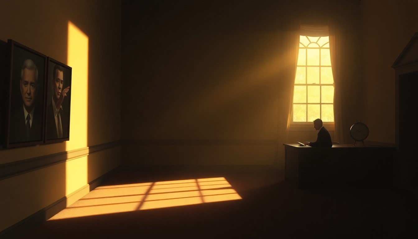 A dimly lit, cinematic painting depicting a solitary political figure seated alone in a sparse, sunlit room, conveying a sense of introspection and the weight of public scrutiny.