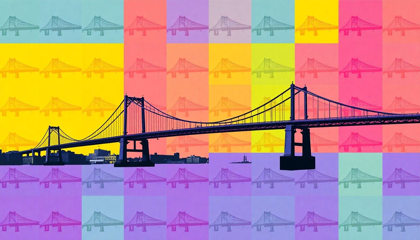 A bold, colorful silkscreen print featuring multiple images of the Francis Scott Key Bridge, rendered in a vibrant pop art style with overlapping neon hues and heavy black outlines, conceptually representing the bridge's enduring legacy in Baltimore.