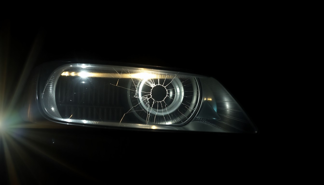 An extreme close-up of a shattered car headlight lens reflecting a harsh, bright light, conceptually illustrating the aftermath of a serious vehicle collision.