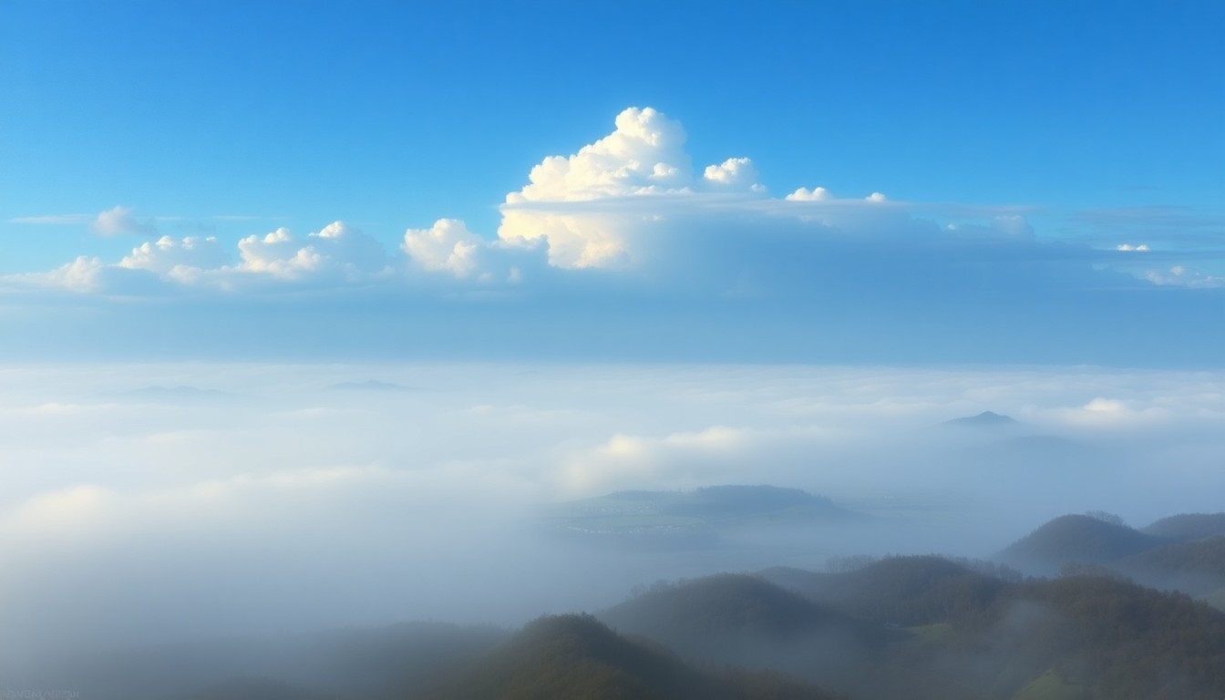 A vast, serene landscape painting in muted tones of blue, grey, and green, with a distant horizon line and a sense of atmospheric depth, conveying the overwhelming scale and beauty of the natural world.