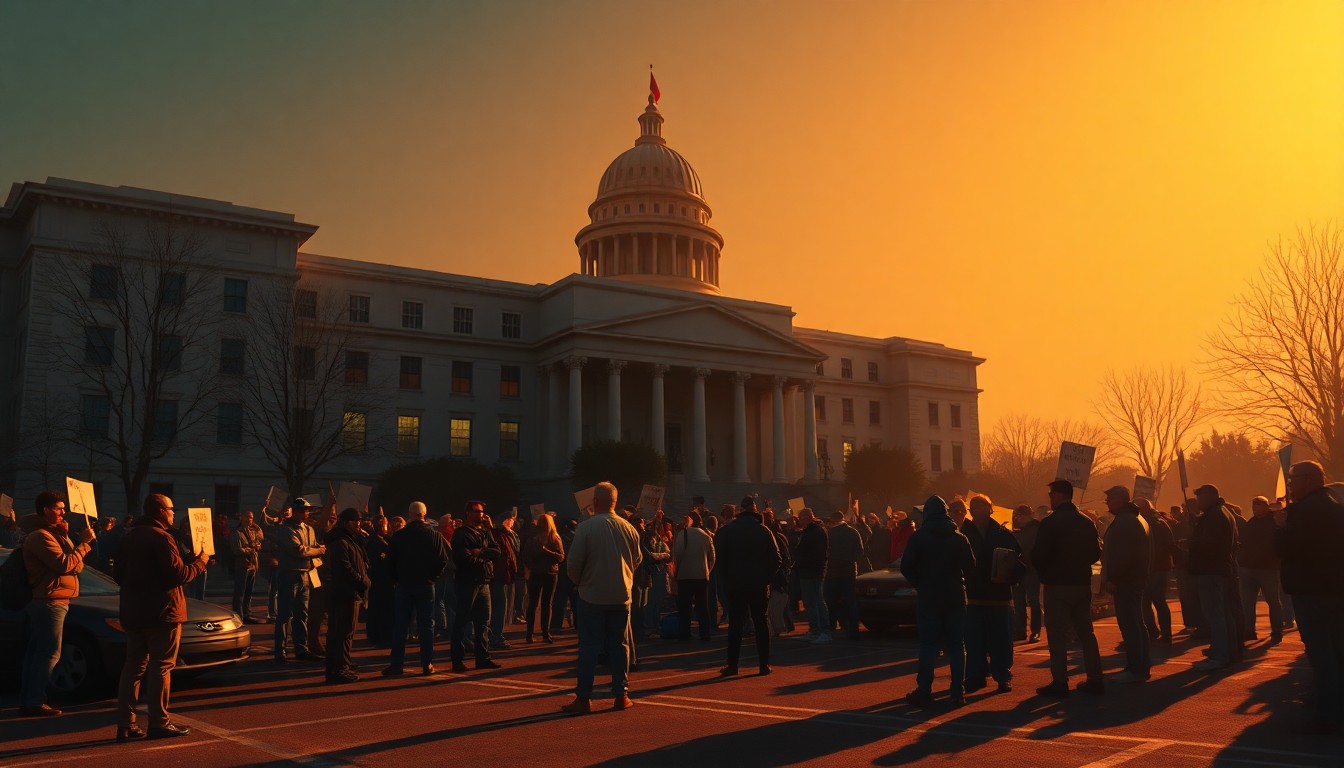 A serene, cinematic painting depicting a group of people gathered in the parking lot of a government building, the scene bathed in warm, diagonal sunlight and deep shadows, capturing the quiet tension of a political protest.