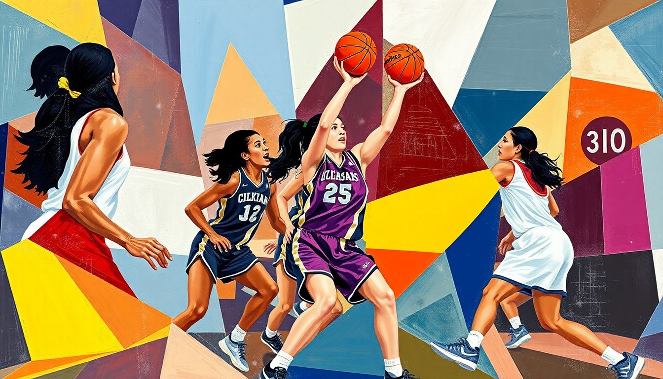 A fragmented, geometric painting in the style of Pablo Picasso, with angular, overlapping shapes representing the players and action of a girls' basketball game.