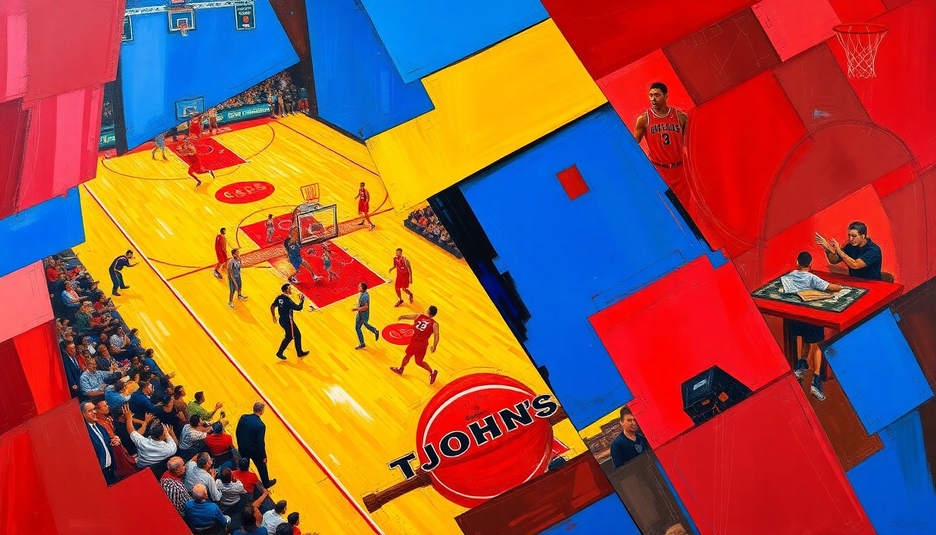 A fractured, cubist-style painting depicting the intensity and energy of a college basketball game, with sharp geometric shapes and planes of red, blue, and gold representing the St. John's Red Storm team.