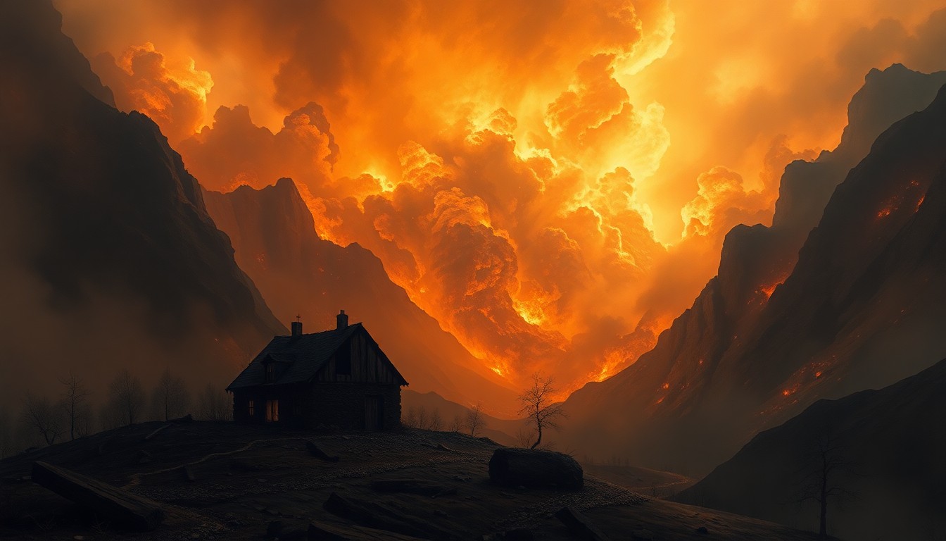 A sweeping, atmospheric landscape painting depicting the charred remains of a small house dwarfed by the overwhelming scale and intensity of a raging fire, conveying the sublime force of nature.