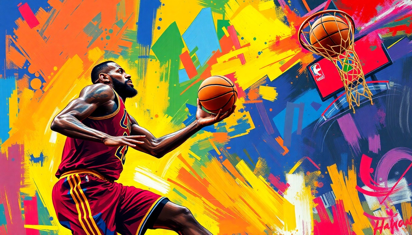 An abstract, expressionist painting in neon colors depicting the dynamic movement and energy of LeBron James passing the basketball to his son Bronny James, capturing the historic moment of their first-ever father-son assist in the NBA.