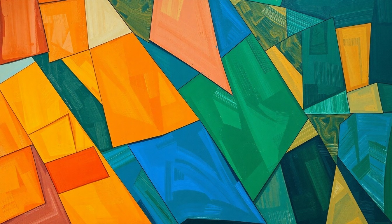 A fragmented, geometric painting in bold colors depicting the action and energy of a women's basketball game.
