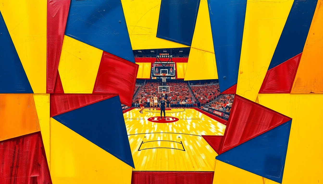 A cubist, geometric painting depicting the dynamic action of a women's college basketball game, with overlapping angular shapes in shades of yellow, blue, and red conveying the intensity and energy of the competition.