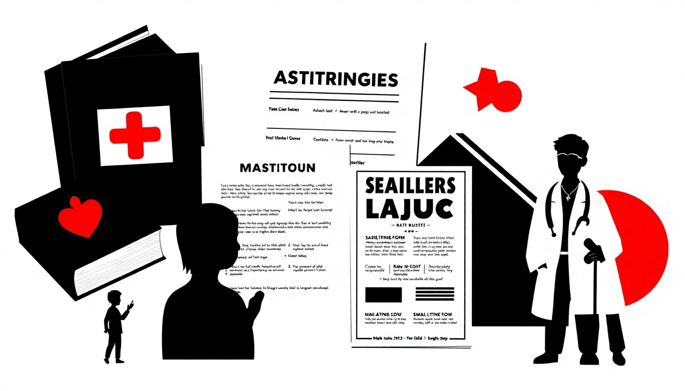 An abstract collage of stark black shapes and silhouettes against a white background, representing the various elements of the 'Ruckersville Autism Diagnosis Starter Pack' meme, conceptually illustrating the quirks and frustrations of seeking an autism evaluation in a rural community.