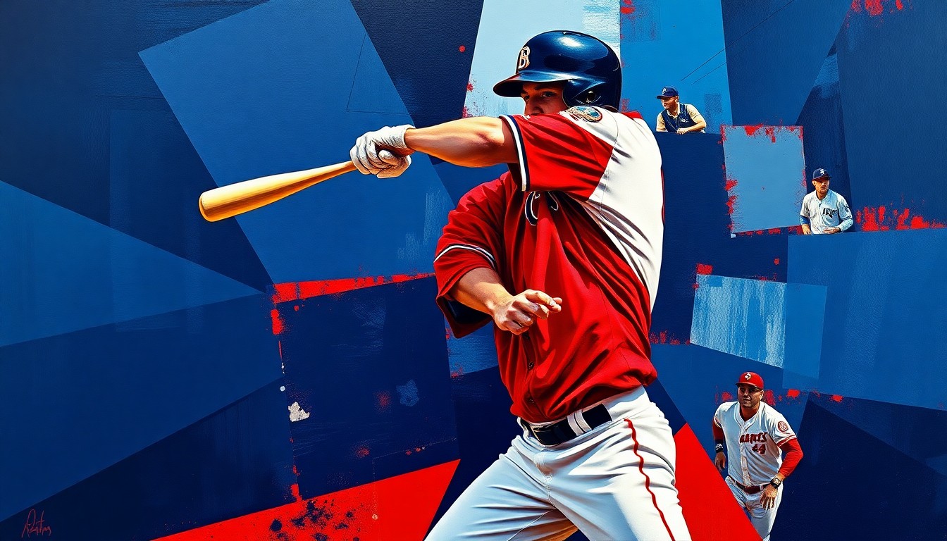 A cubist, geometric painting depicting various angles and perspectives of a baseball player's batting stance, swing, and baserunning, representing the multifaceted talent of Jose Ramirez.